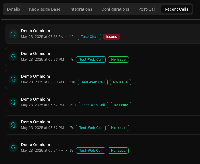 Recent Calls view from the Agent Dashboard