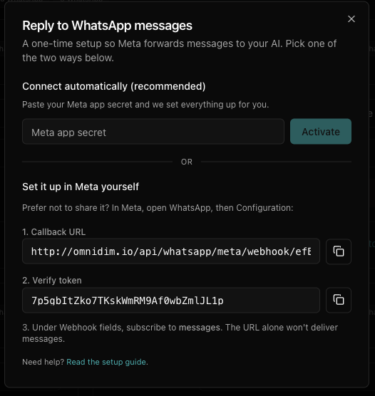 The Reply to WhatsApp messages dialog with both activation methods