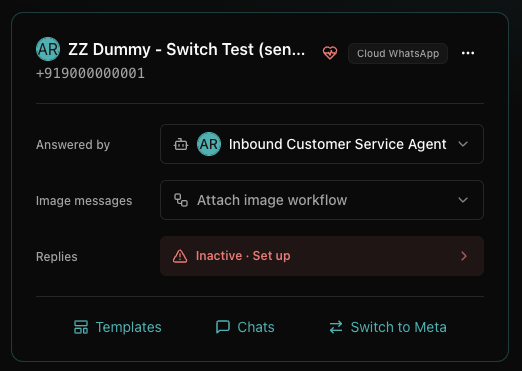 A freshly imported WhatsApp number showing Replies as Inactive, ready to set up