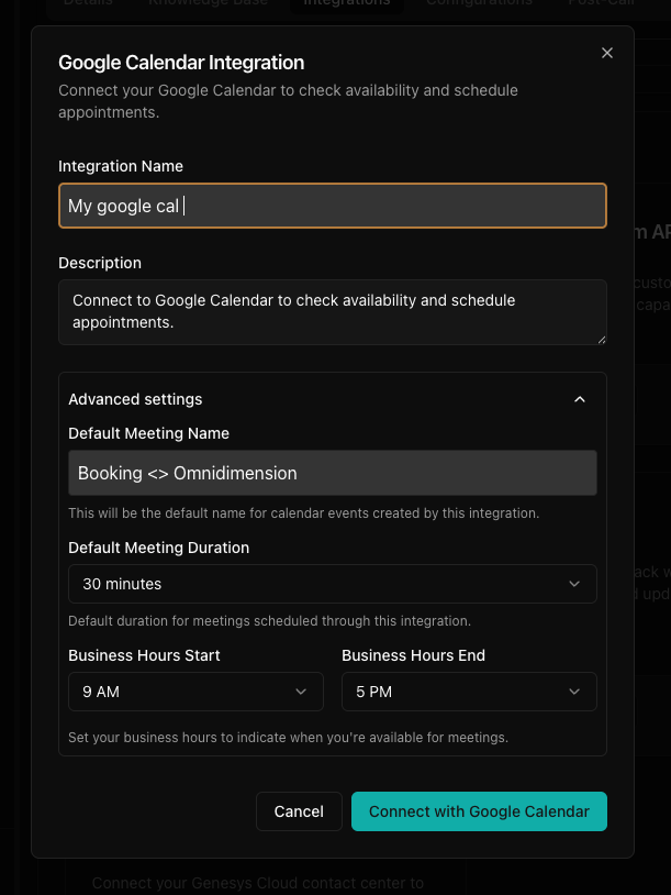 Customize meeting defaults after connecting Google Calendar