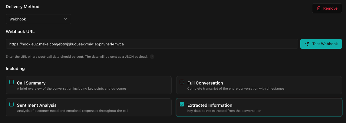 Add Make.com webhook URL to post-call