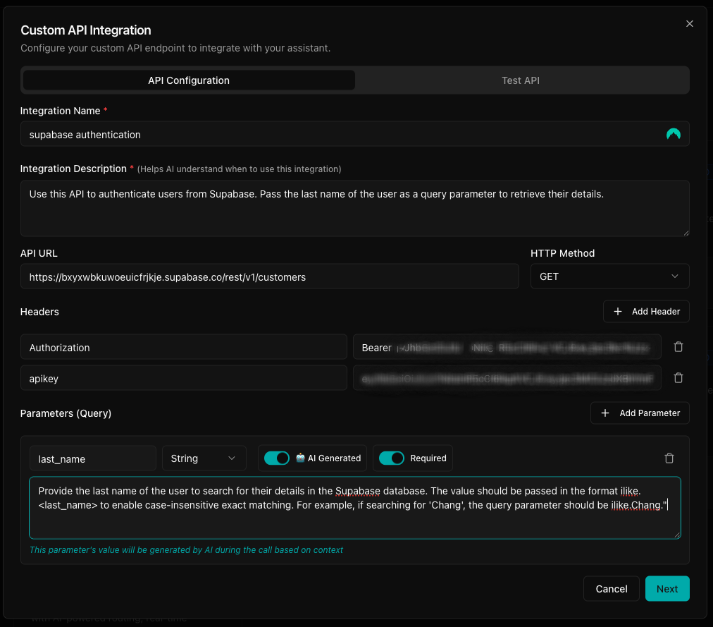 Supabase custom API integration setup